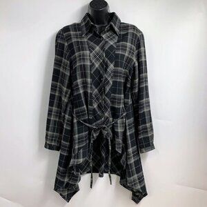 Animale Women's Plaid Button Up Ruffle Long Sleeve Tunic Shirt Size 8